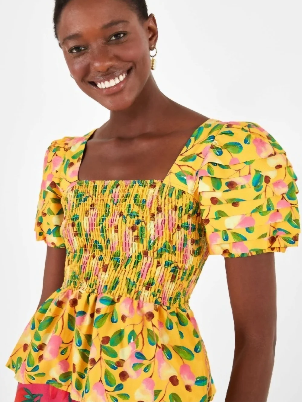 FARM RIO Yellow Floral Smocked Square-Neck Puff Sleeve Blouse Top M